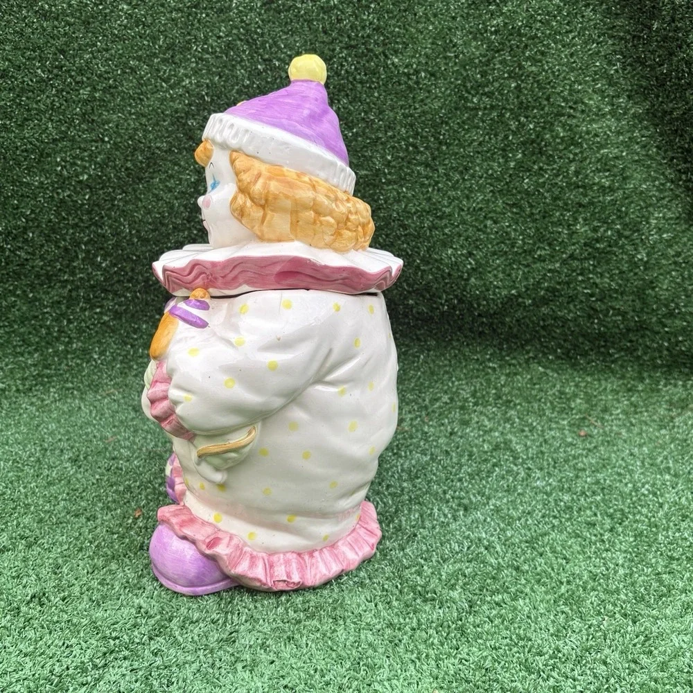 Vintage Starry Eyed Ceramic Clown Cookie Jar with Lid Holding Puppy Dog 13